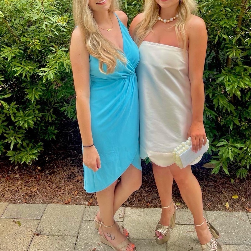Area stars, medium, bright blue wrap style spaghetti strap summer dress